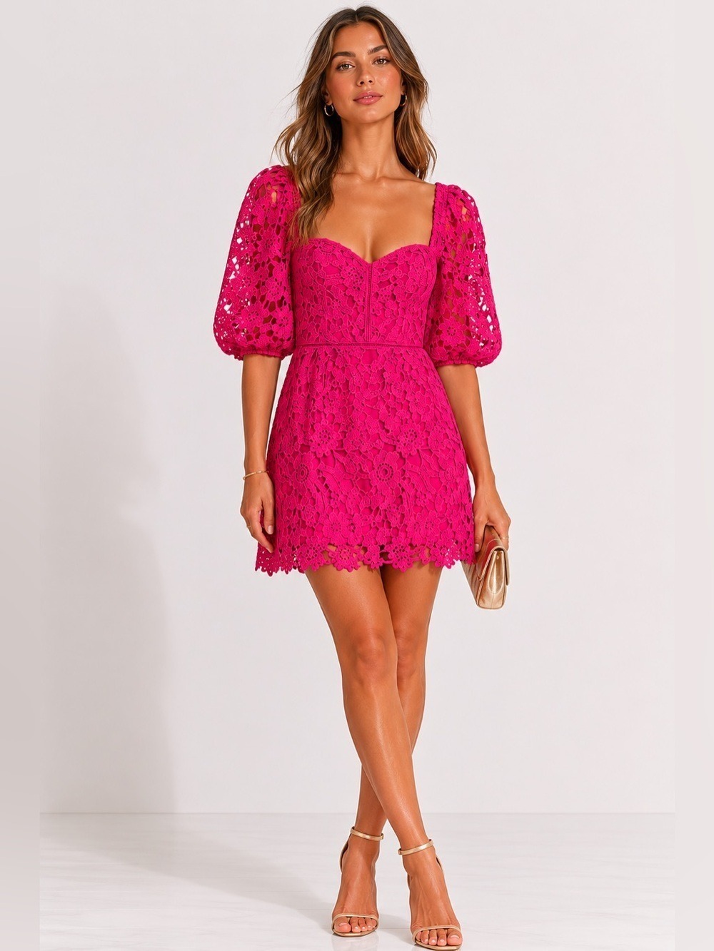 Lucy Paris Hot Pink Puff Sleeve Lace Mini Dress